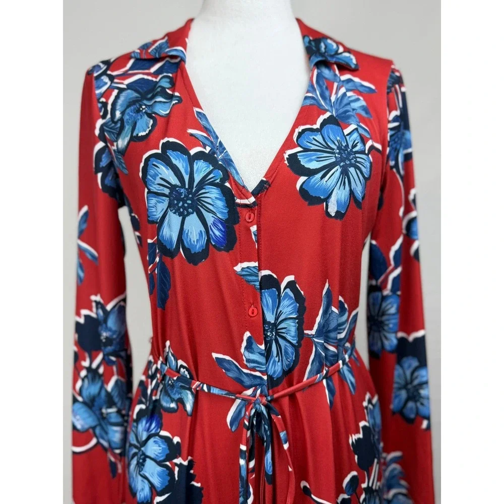 Zara Red Blue Floral Long‎ Sleeve Button Front Midi Dress Small Colorful Boho